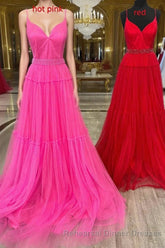 Light Yellow V-Neck Tulle A-Line Long Semi Formal Prom Dress